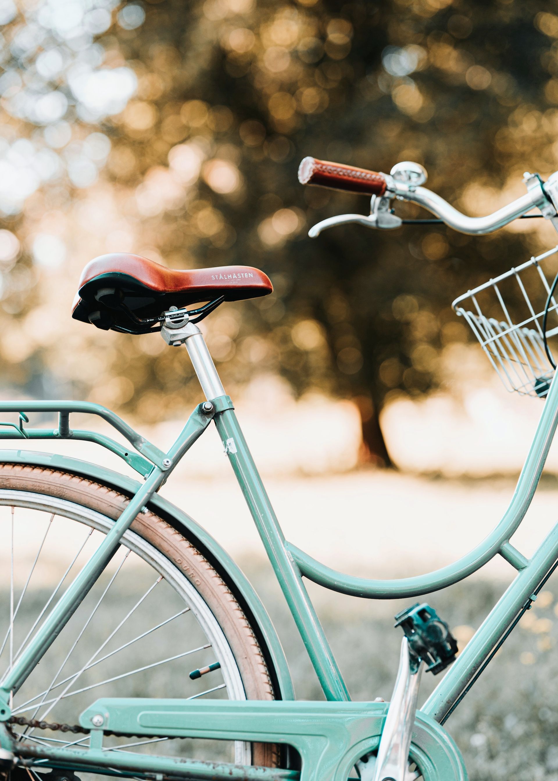 Mint green bicycle with a brown leather seat and handlebars, parked outdoors.