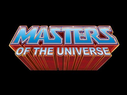 "Masters of the Universe" logo in blue, red, and yellow, with 3D perspective against a black background.