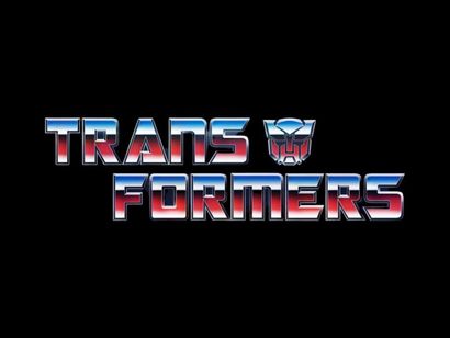 Transformers logo with metallic, red, white and blue text against black background.