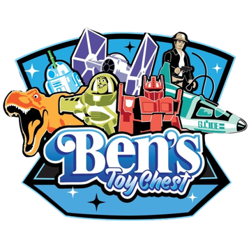Ben's Toy Chest logo: Toys include a dinosaur, robot, Star Wars ships, G.I. Joe jet, and a figure.