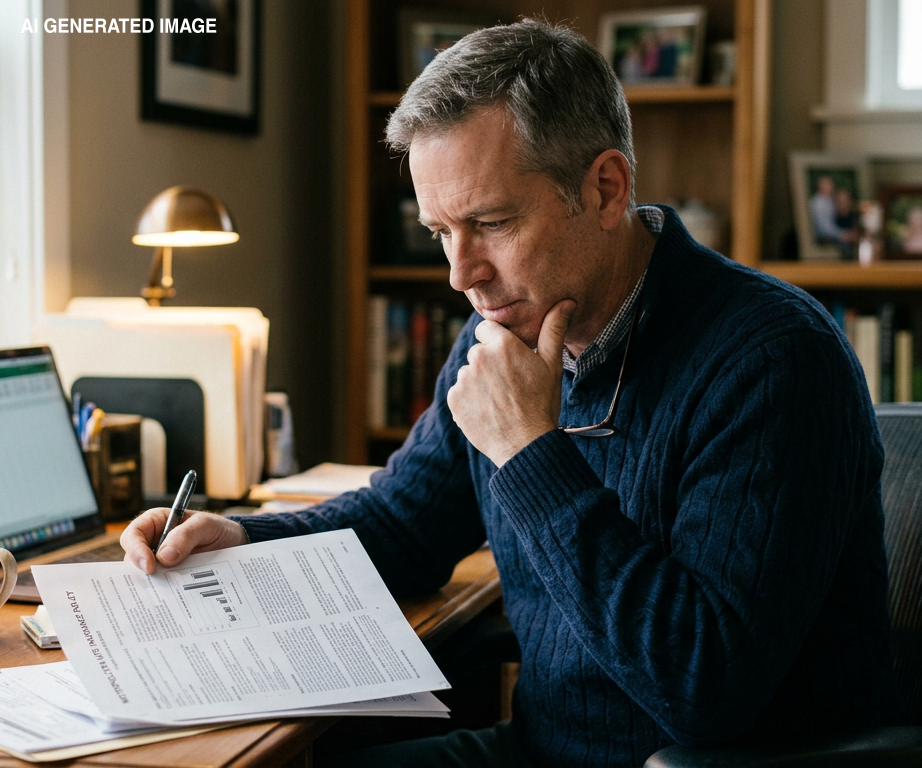 Man studying paperwork at a desk with a laptop and lamp in a home office