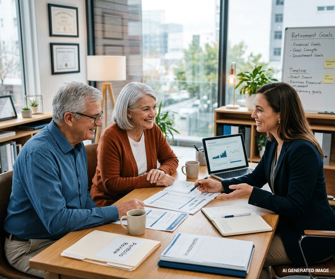 Three people meeting at a table in a bright office, reviewing documents and a laptop.