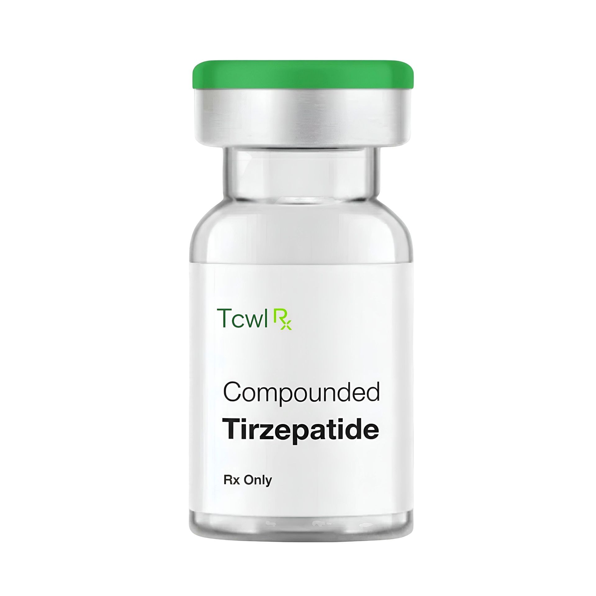 Vial of compounded Tirzepatide medication with a blue cap and white label.