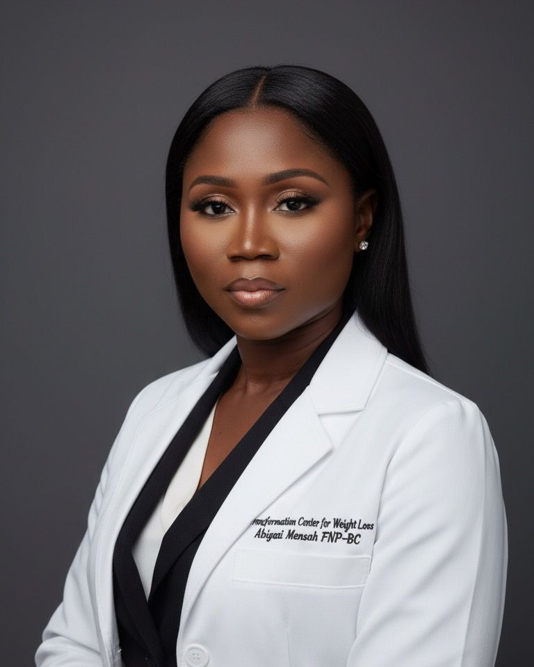 Woman in a white coat, with long black hair, looking towards the camera. Text on the coat: Rejuvenation Center for Weight Loss.