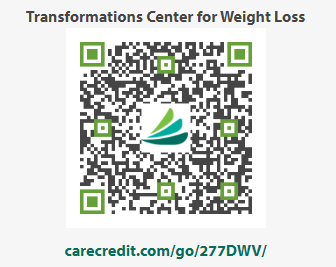 QR code for Transformations Center for Weight Loss, centered logo, with a CareCredit URL.