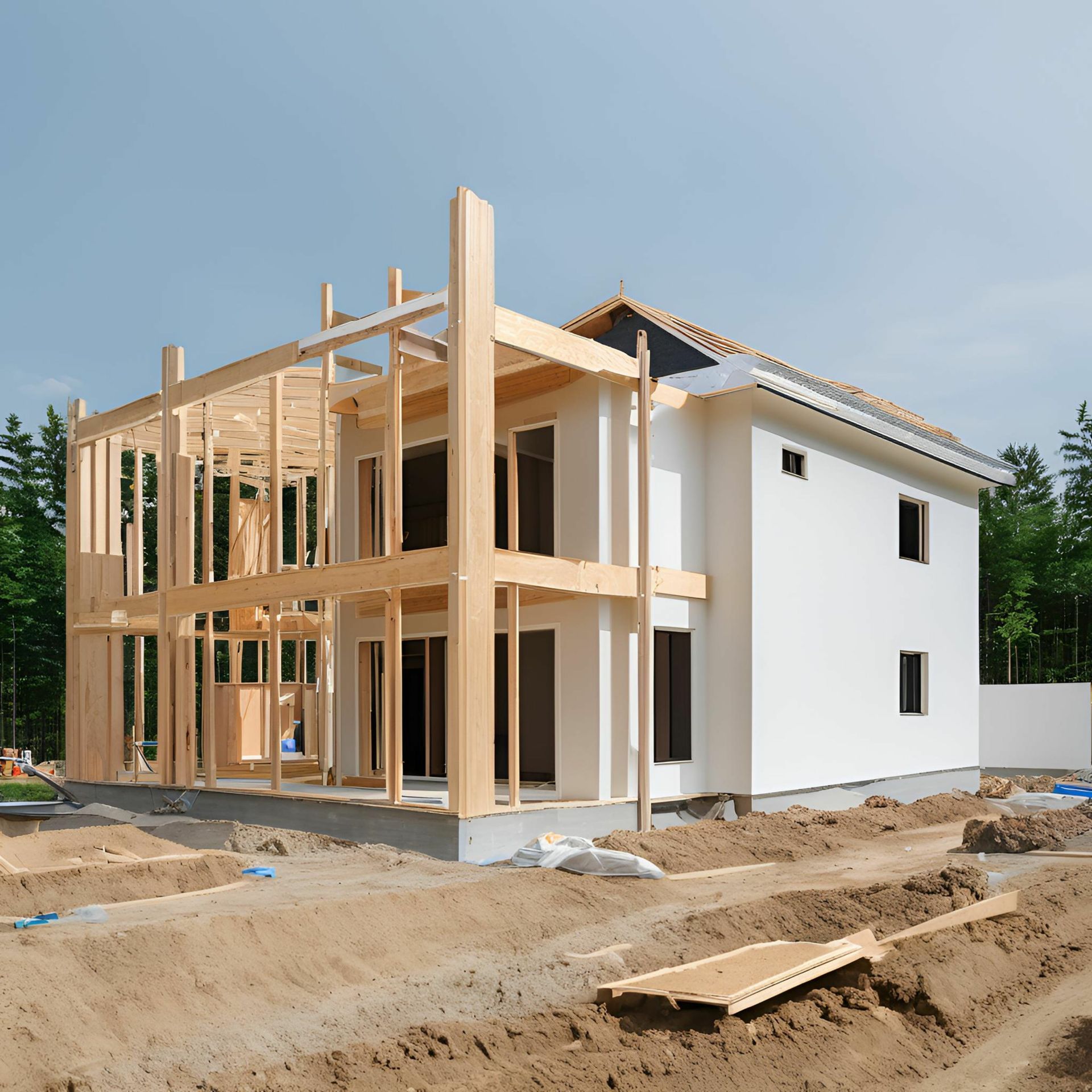 Two-story house under construction: wooden frame on one side, white stucco on the other, set in a dirt lot.