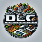 Logo for DLC Concrete Construction LLC, featuring construction equipment and buildings, in a circular design.