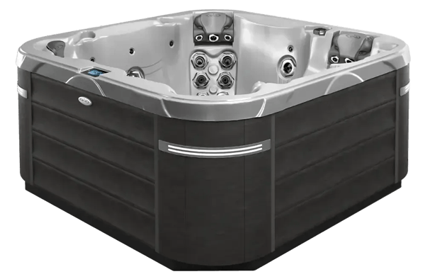 Black and silver corner hot tub with multiple jets and seats