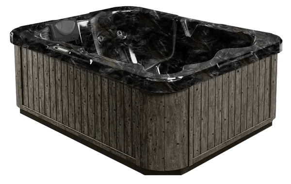 Rectangular wooden hot tub with black liner and tan side panels