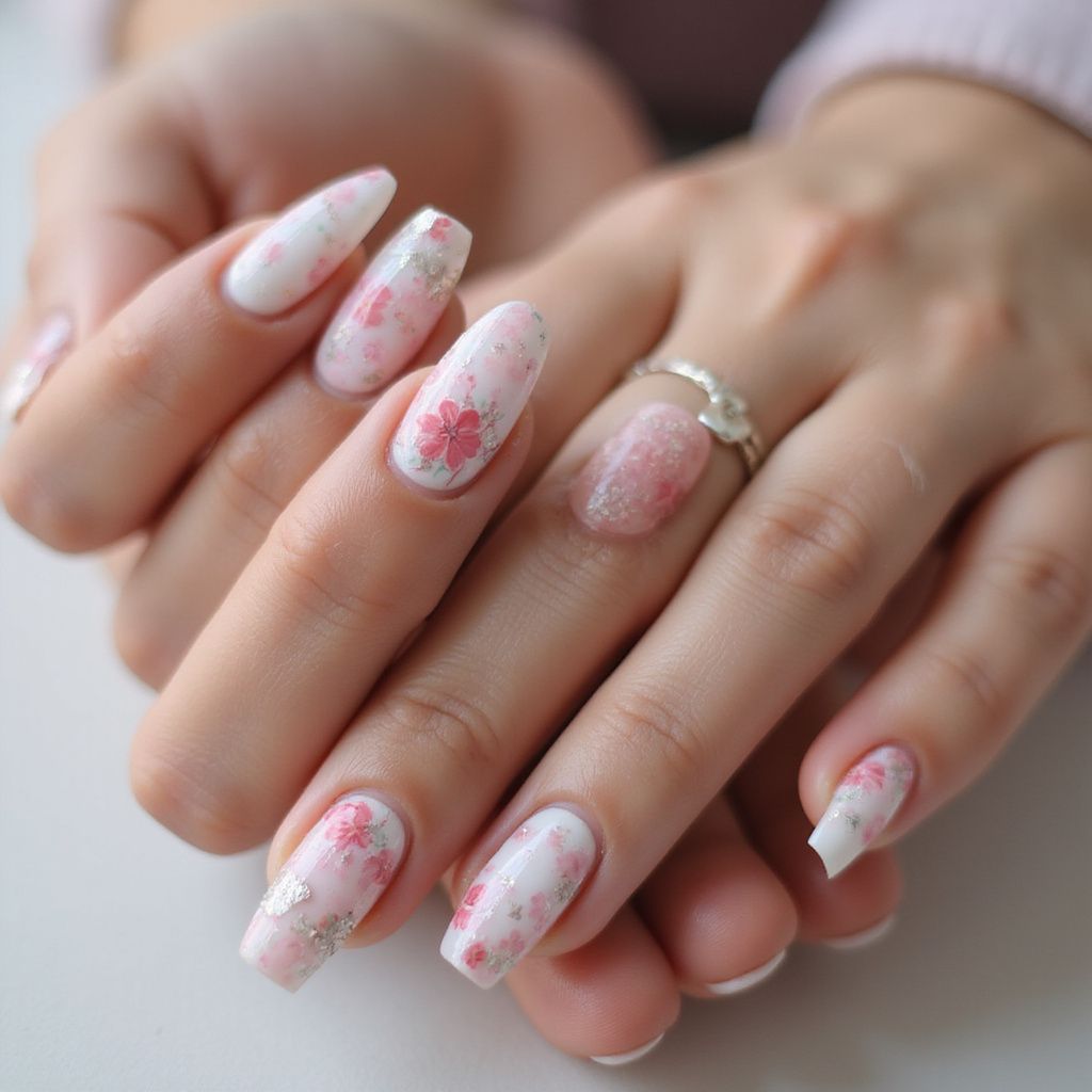 Hands with long, painted nails in a white and pink floral design, with a silver ring on one finger.
