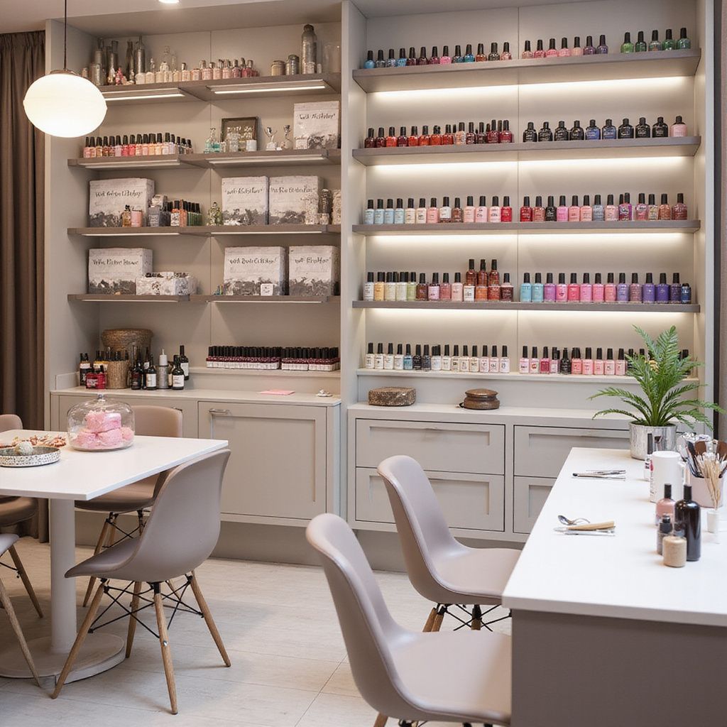 Nail salon interior with shelves of polish, manicure station, and table with chairs.