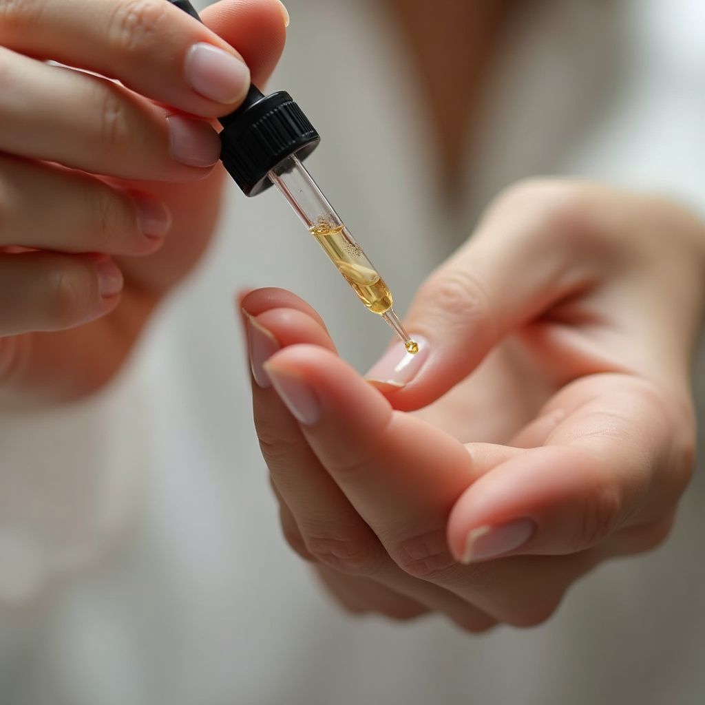 A person holding a dropper dispensing a yellow liquid onto their fingertip.
