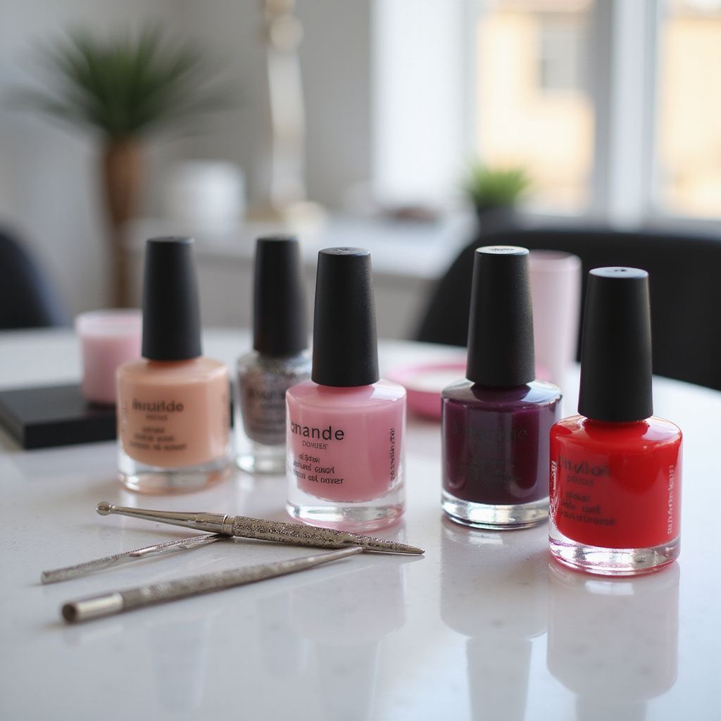 Nail polish bottles in various colors on a white surface, with manicure tools.
