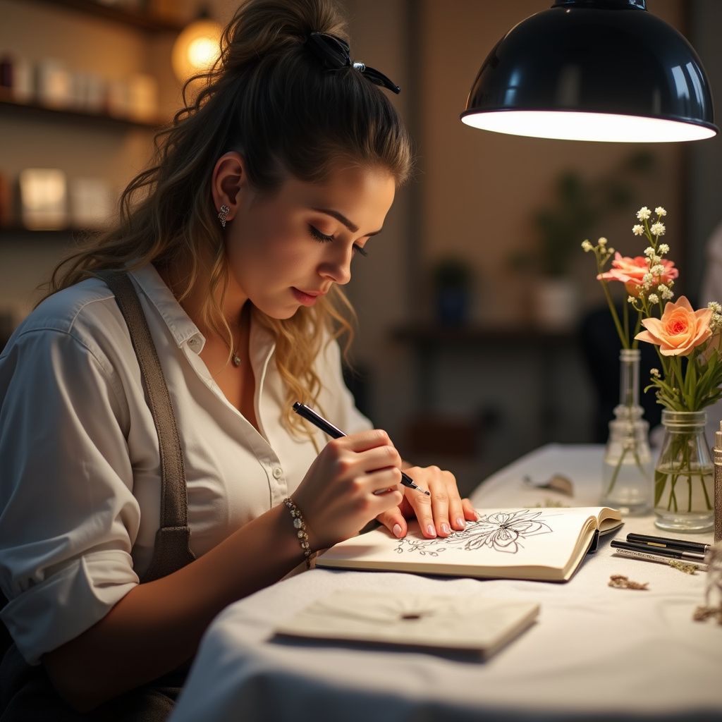 Woman drawing in a notebook at a table, lit by a lamp. Flowers and stationery are nearby.