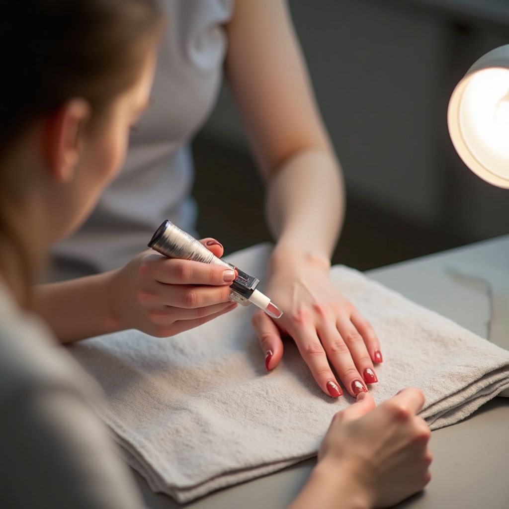 Woman applying nail polish to another woman's hand in a salon.