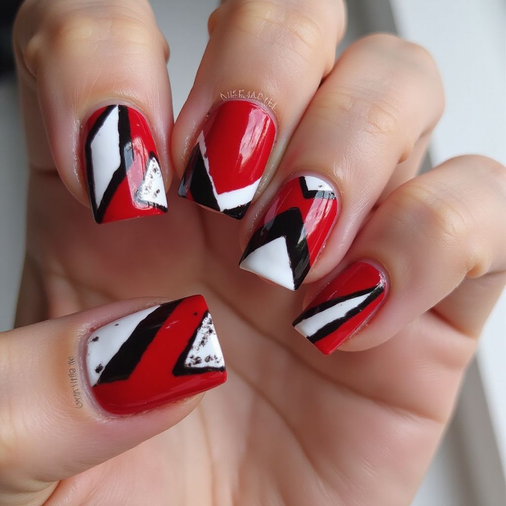 Hand with red and white geometric nail art, black accents.