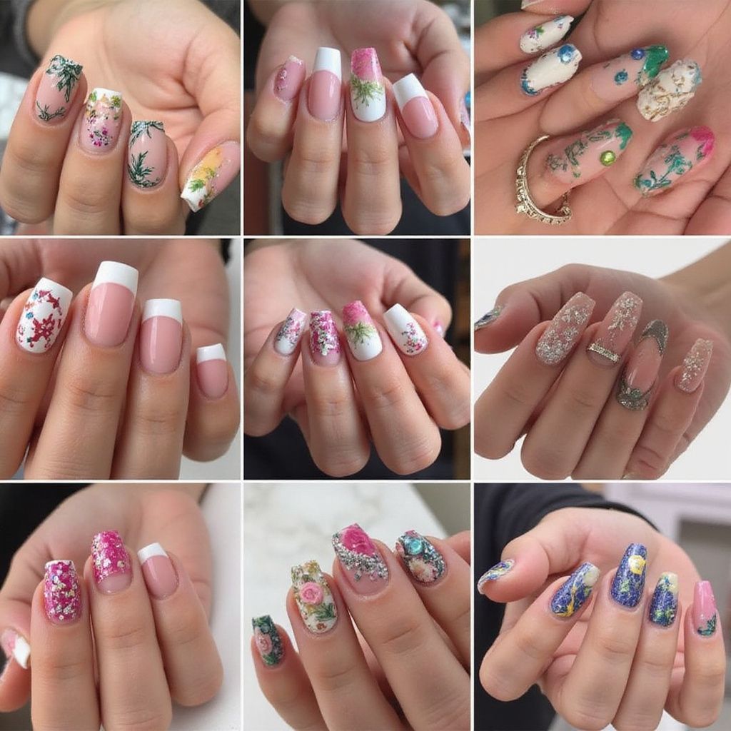 Nine sets of manicured nails with floral and glitter designs, various colors, different shapes.