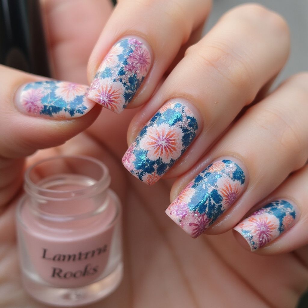 Woman's hand with nail art featuring pink and teal floral designs. A pink powder jar is in view.
