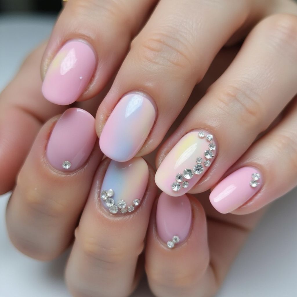Hands with pastel pink and yellow ombre nails, some with crystal accents.