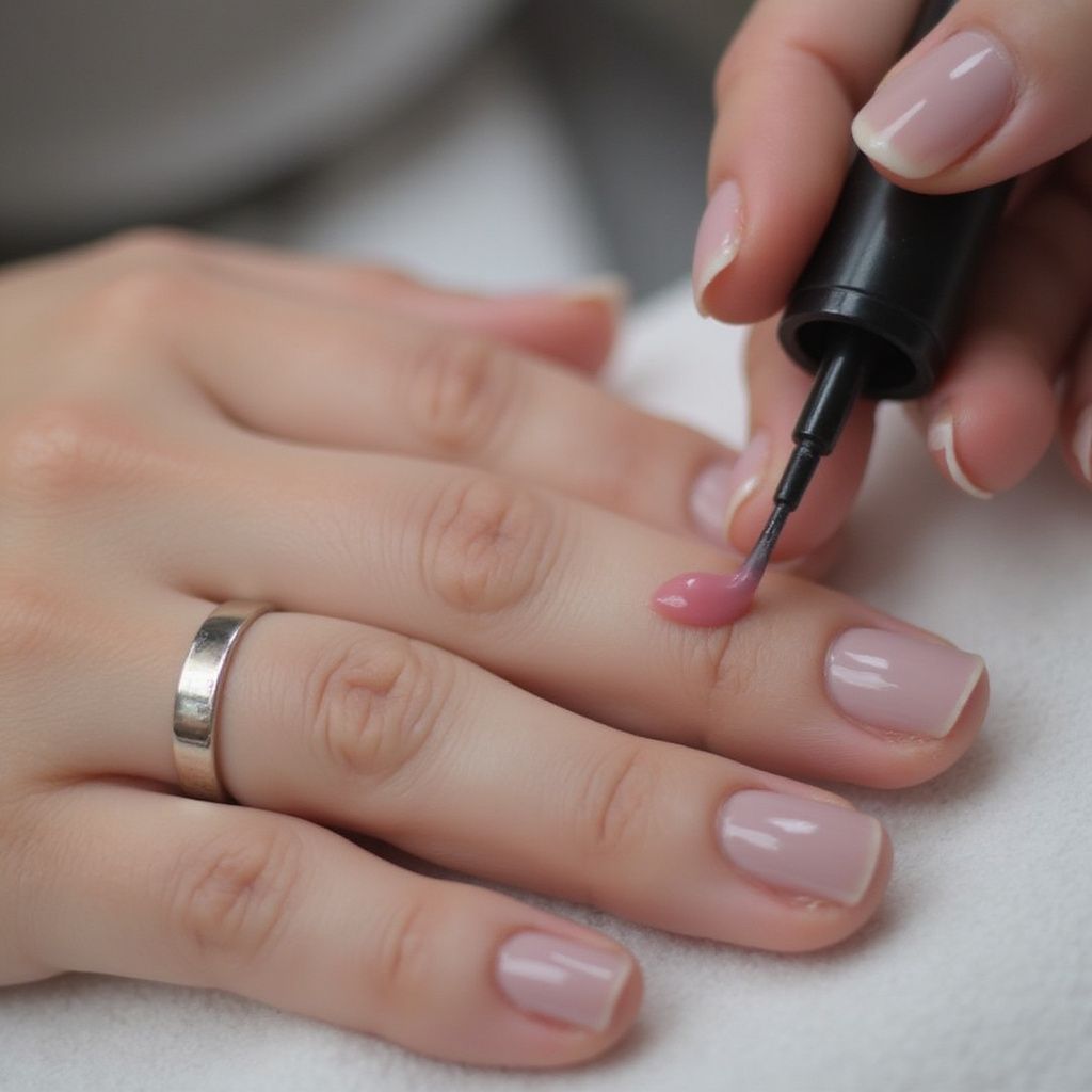 Person applying pink nail polish to a fingernail, ring on finger.