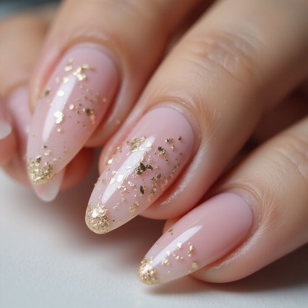 Close-up of nails with a light pink base and gold glitter accents on a light background.