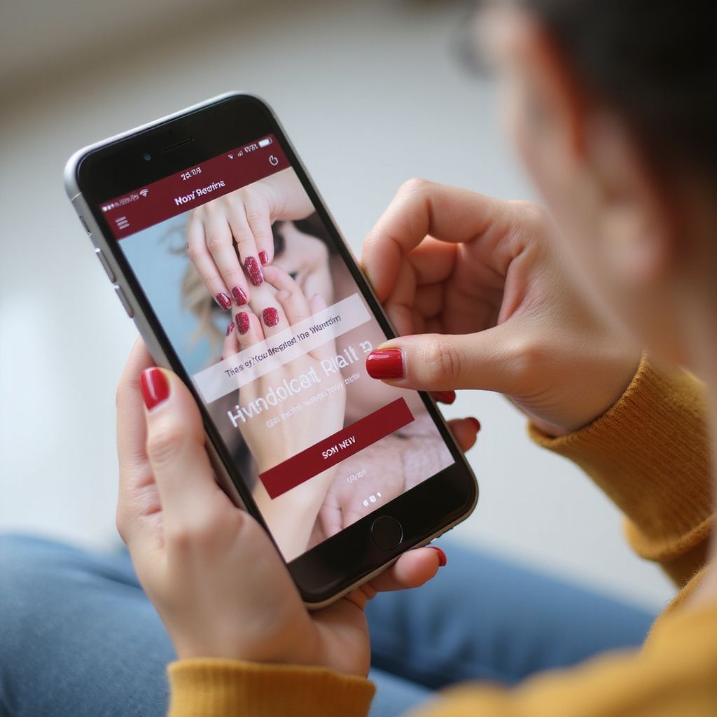 Woman with red nails holding phone, showing nail salon booking app with red accents.