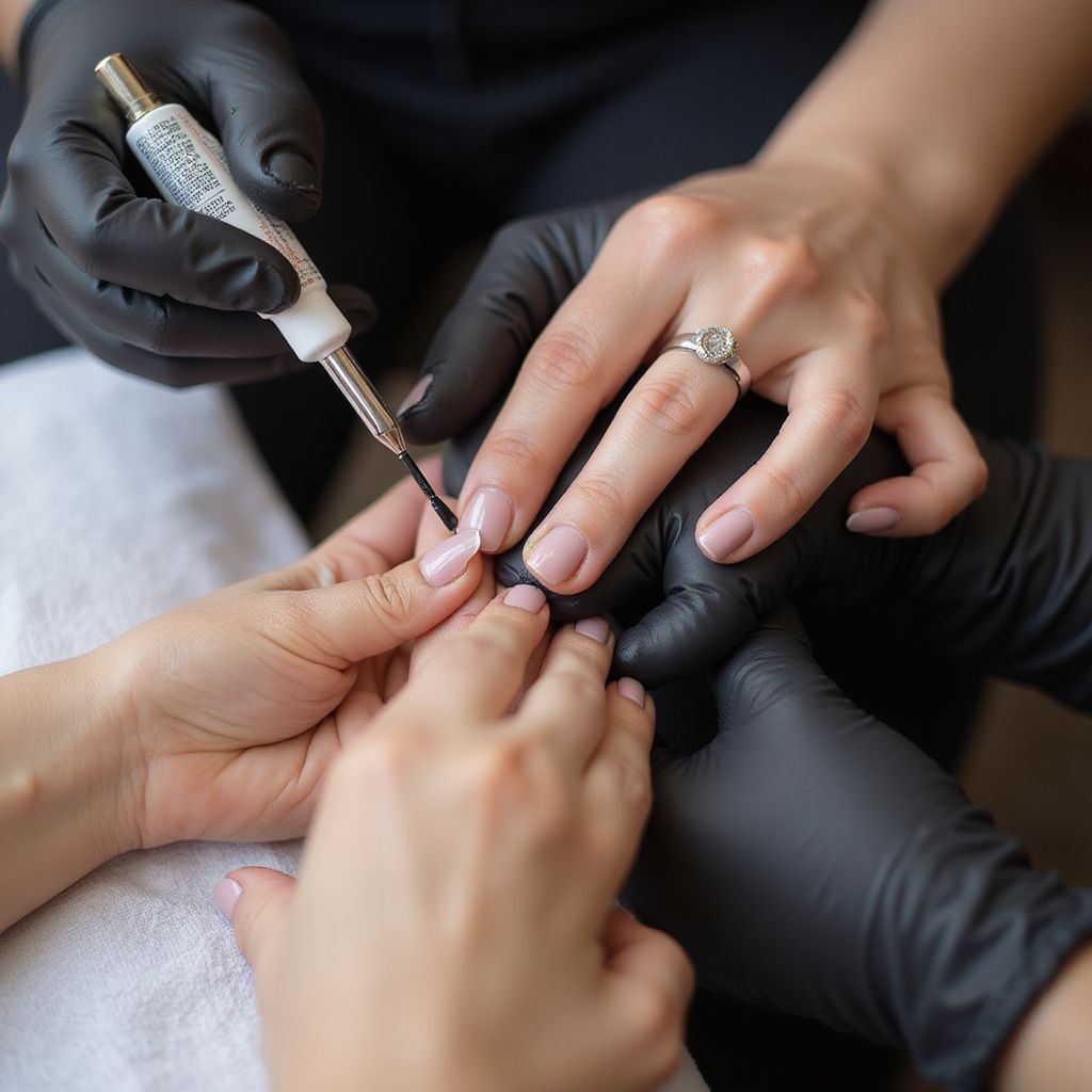 Person's hands receiving a manicure from two gloved hands with a nail tool.