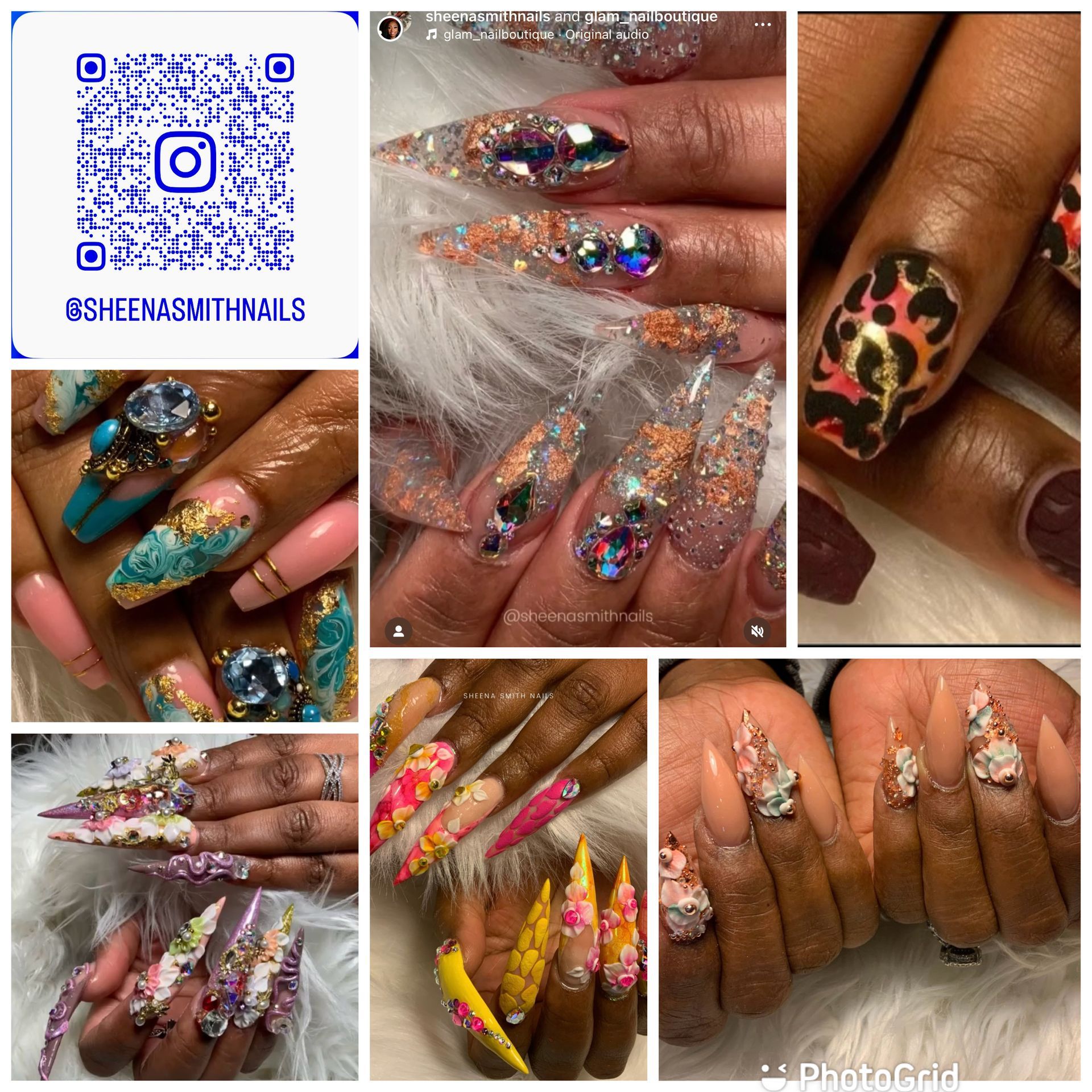 Collage of various nail art designs, including glitter, gems, and patterns.