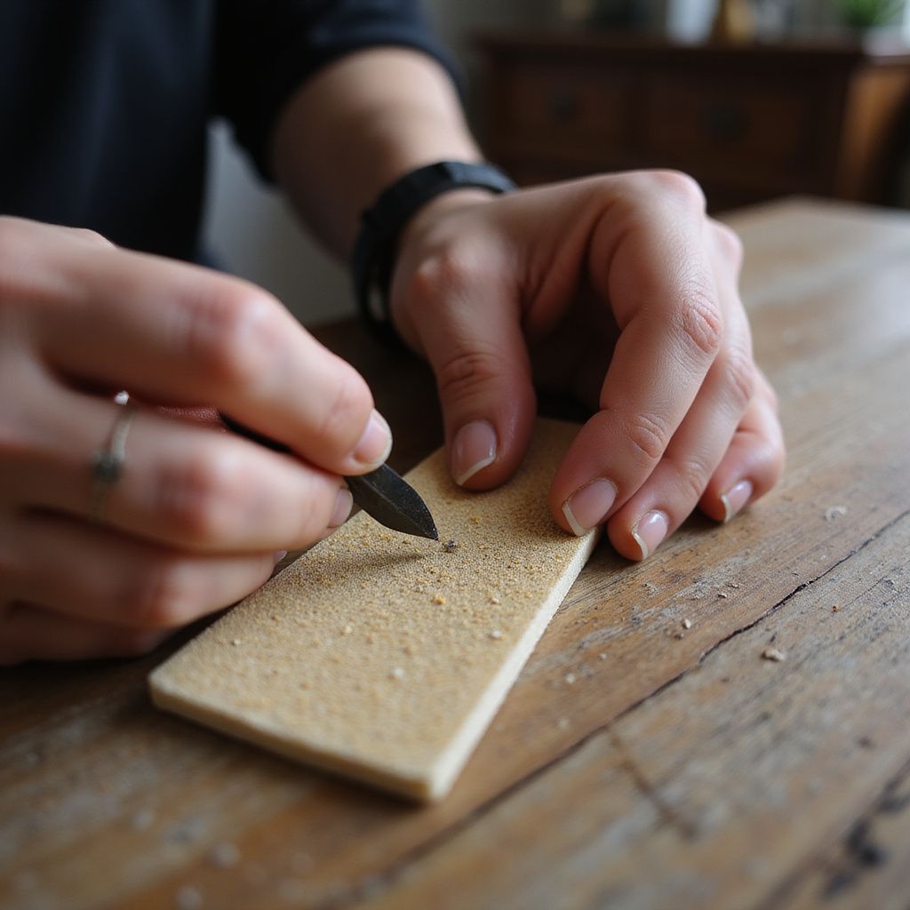 Hands using a tool to work on a rectangular piece, likely wood, on a wooden table.