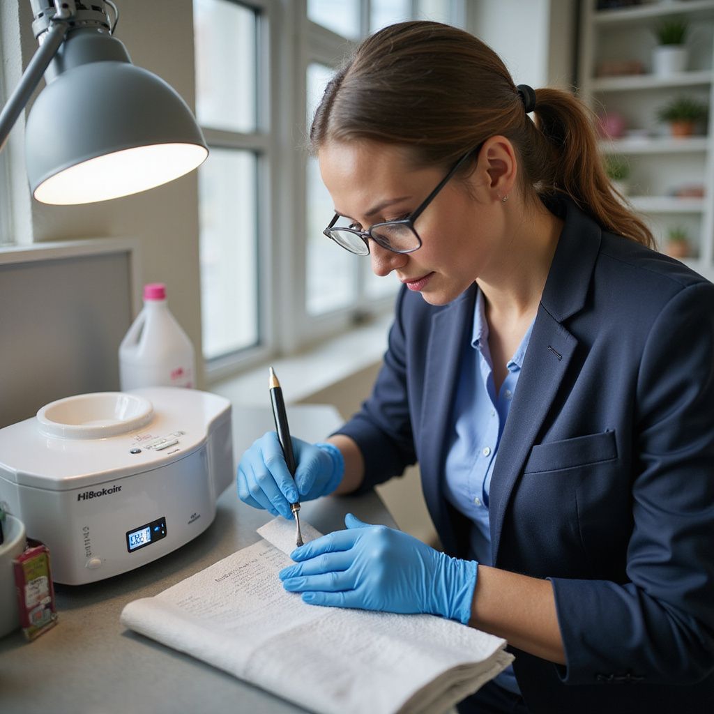 Woman in glasses and gloves writing on paper, lit by a desk lamp, in a lab setting.