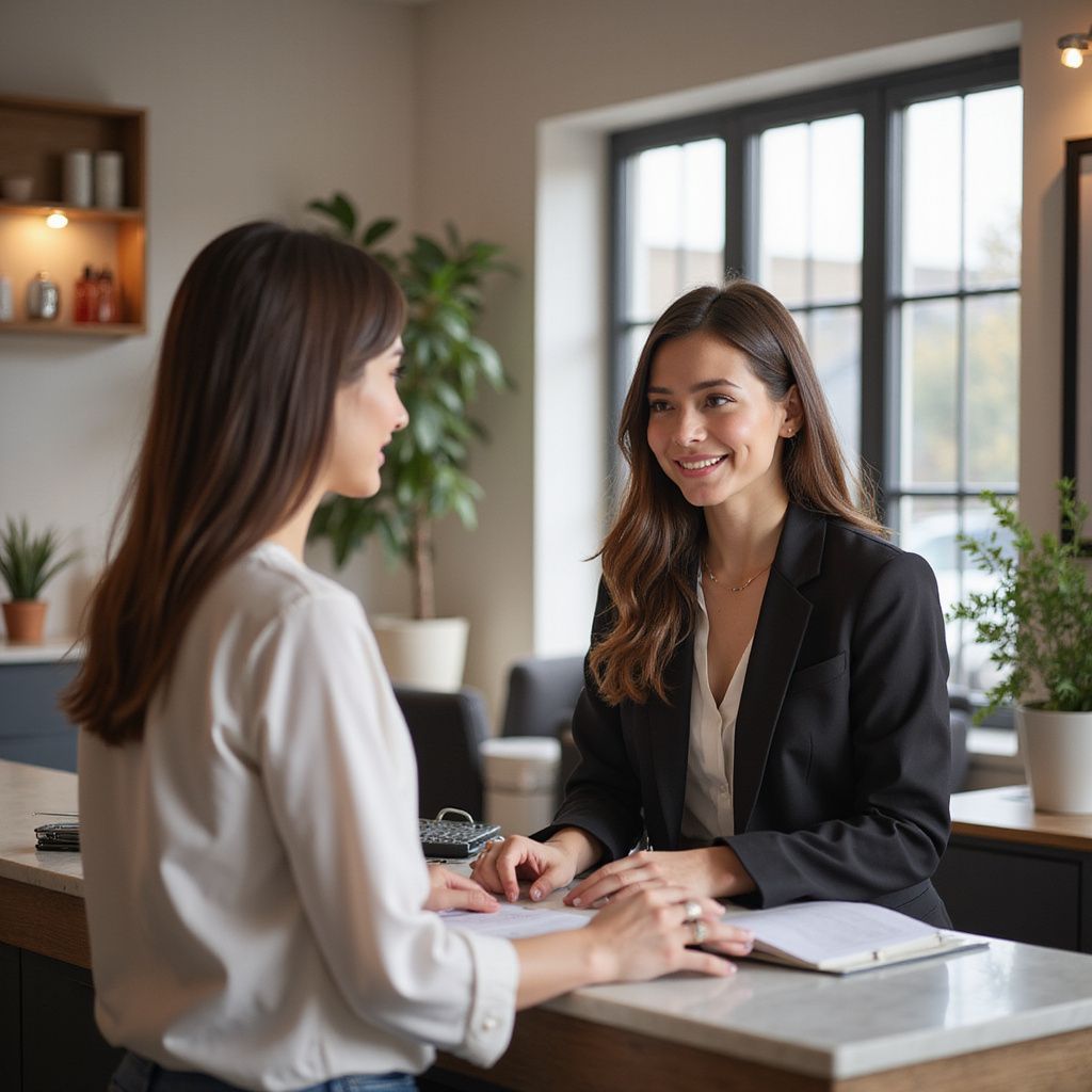 Two women at a desk, one wearing a blazer, smiling, discussing paperwork in a well-lit office.