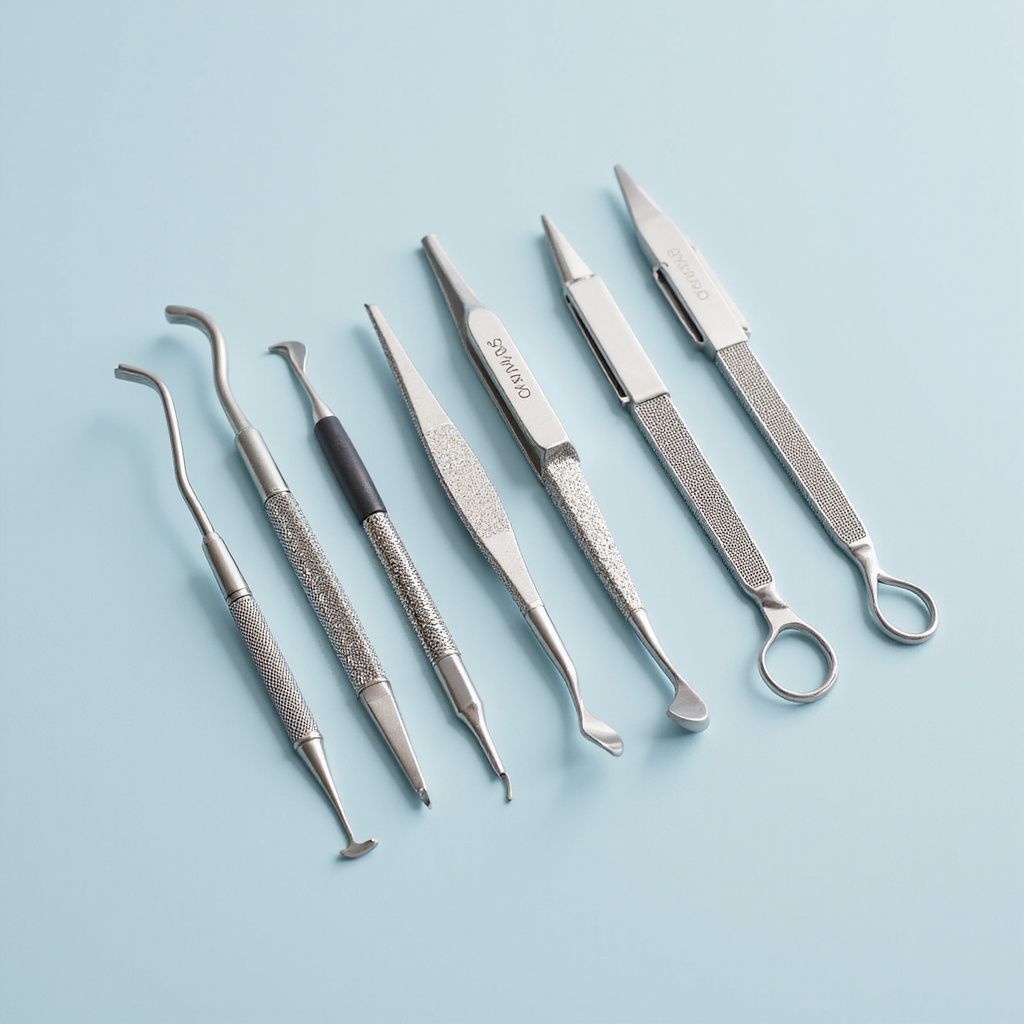 Medical instruments on a light blue background. Various stainless steel tools, including tweezers and spatulas.