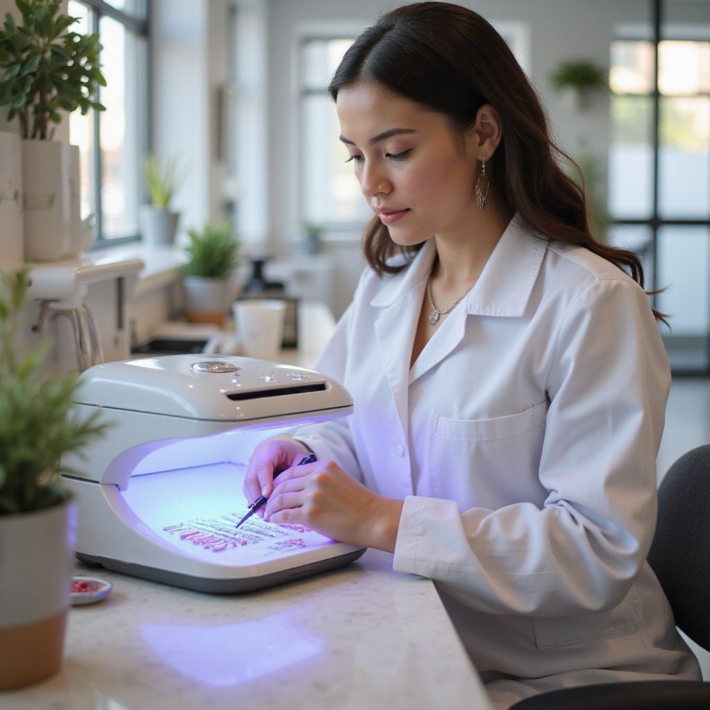 Woman in lab coat using a nail lamp at a counter; indoor setting.