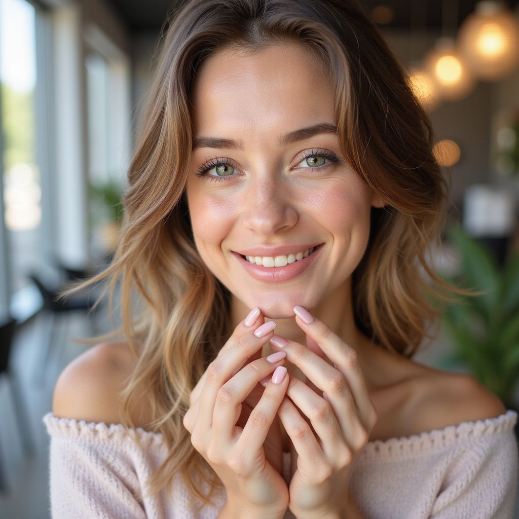 Woman with shoulder-length wavy blonde hair smiles, holding her hands up, with pink painted nails. In a cafe.