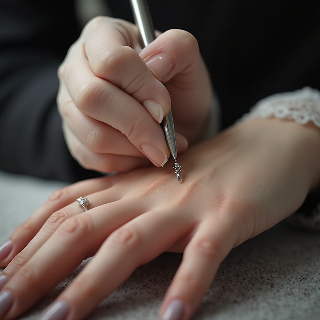 Woman's hand using a tool to work on a small, intricate piece of jewelry or artwork resting on the back of the hand.
