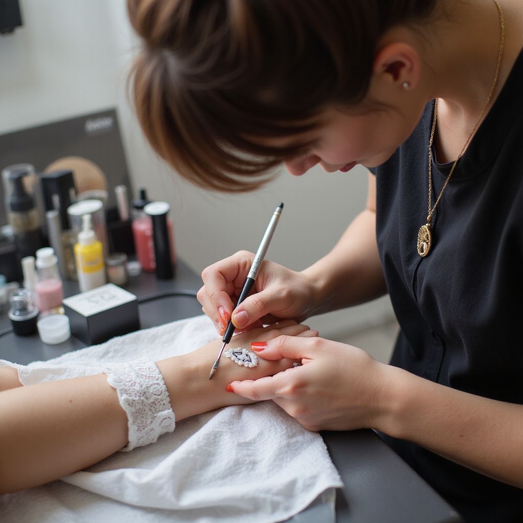 Woman applying makeup to another woman's hand at a table, surrounded by beauty products.