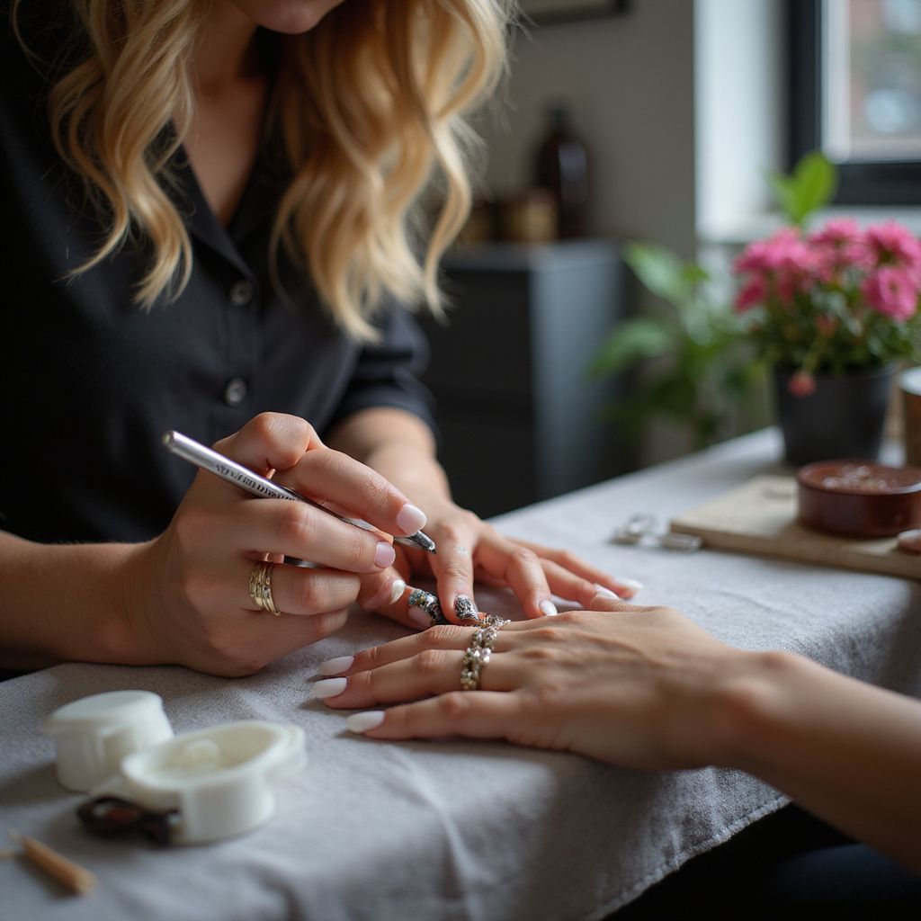 A person receiving a manicure. A manicurist uses a tool on their nails, surrounded by supplies.