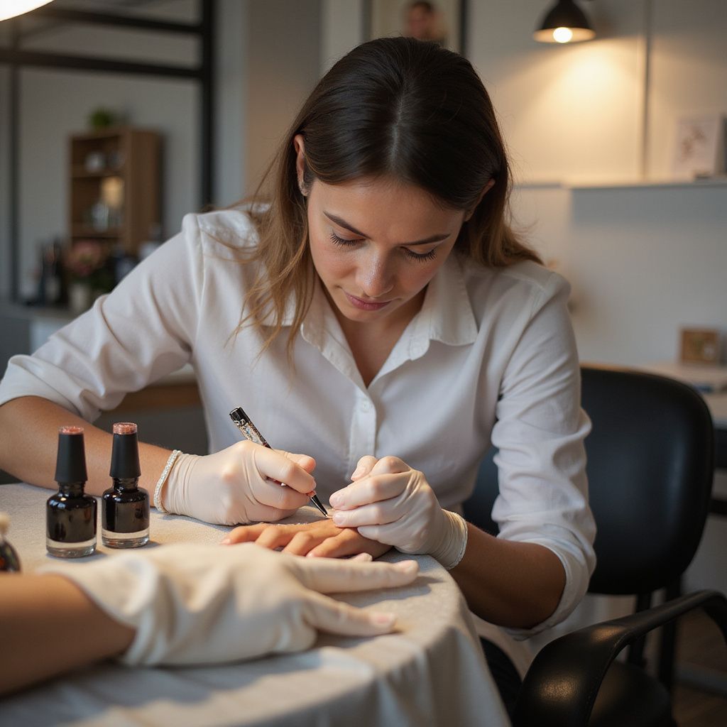 Person applying nail polish to another person's nails in a salon. Both wear gloves.