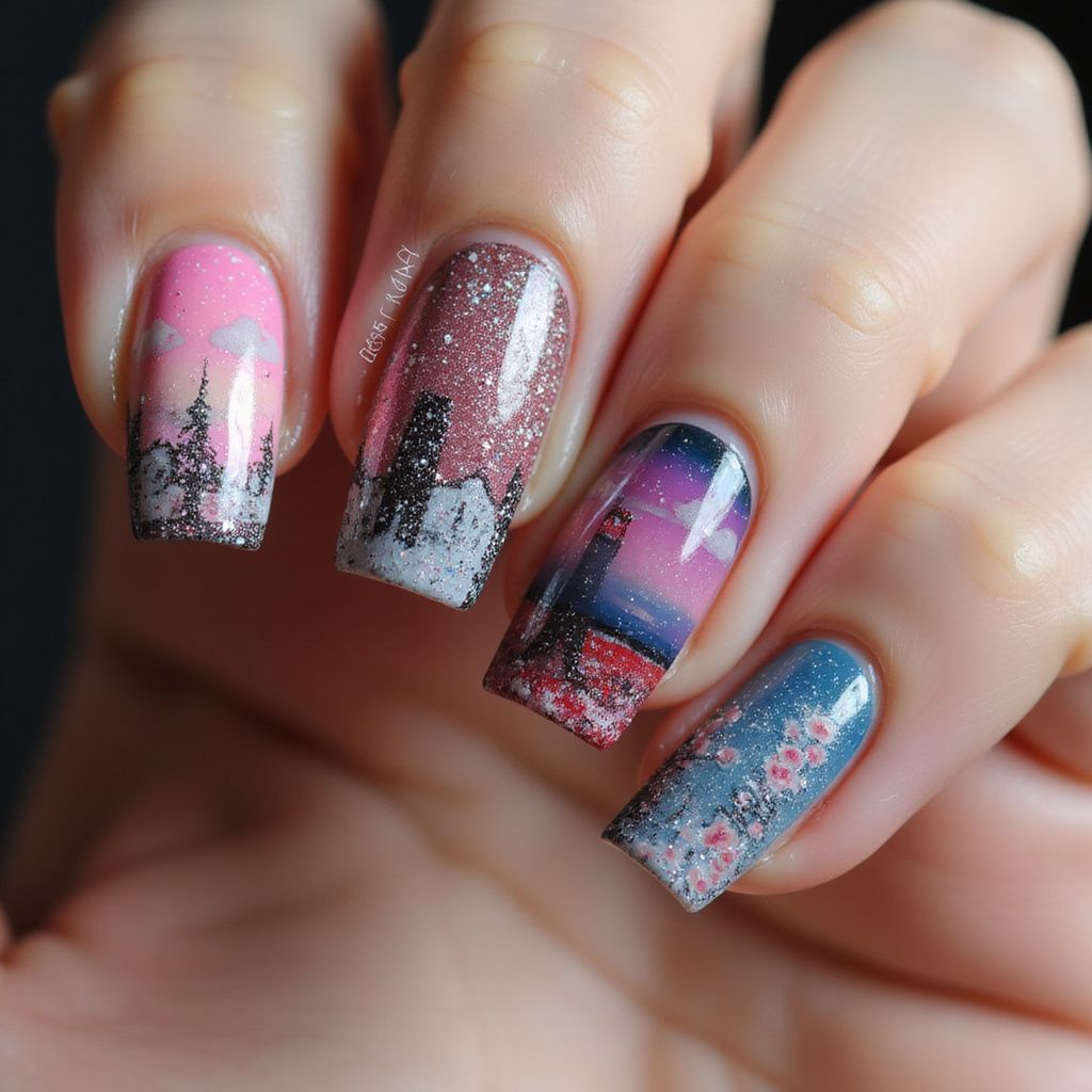 Hand with nails painted with landscape scenes: pink, purple, and blue gradient with silhouetted buildings and trees.