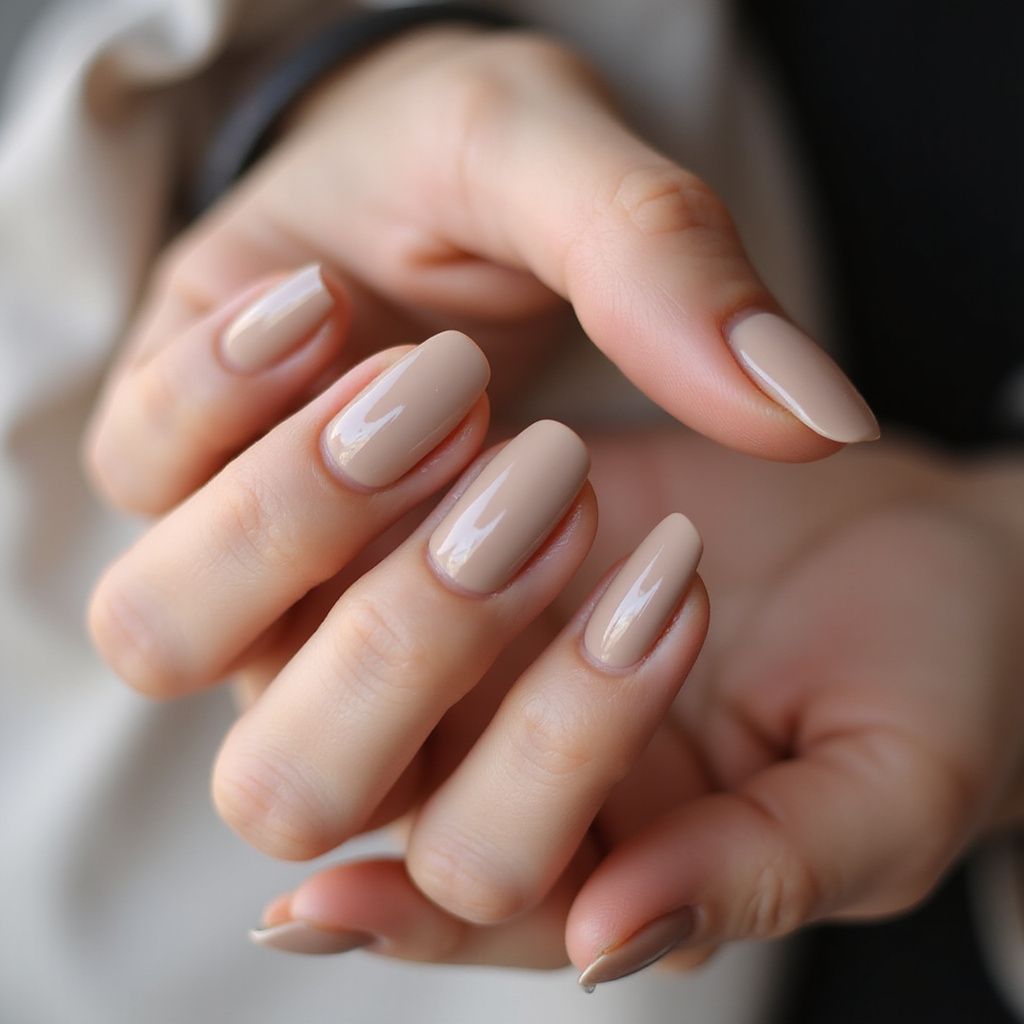 Hands with oval-shaped nails painted a neutral beige color. The nails are glossy and well-manicured.