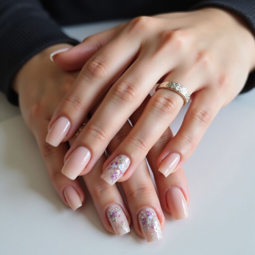 Hands with nude-colored, square-shaped nails, some with sparkly accent. A ring is on one finger.