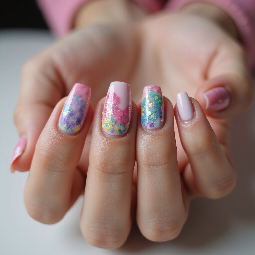 Hand with manicured nails, each painted pink and decorated with colorful glitter designs.
