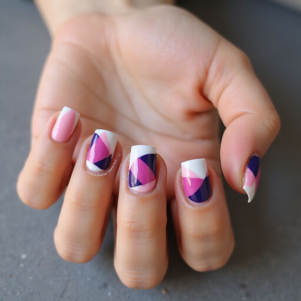 Hand with geometric nail art in pink, white, and dark purple.