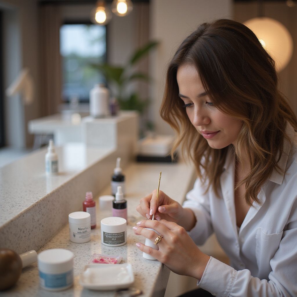 Woman painting, indoors, seated at a counter with jars of products and paint, intently focused.