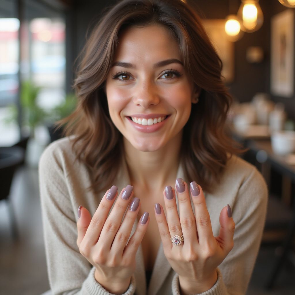 Woman smiles, holding up hands with mauve-colored nails, showing off a ring. Indoors, cafe setting.