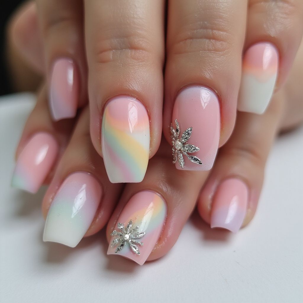 Close-up of manicured nails with pastel rainbow swirl design and silver snowflake accents.