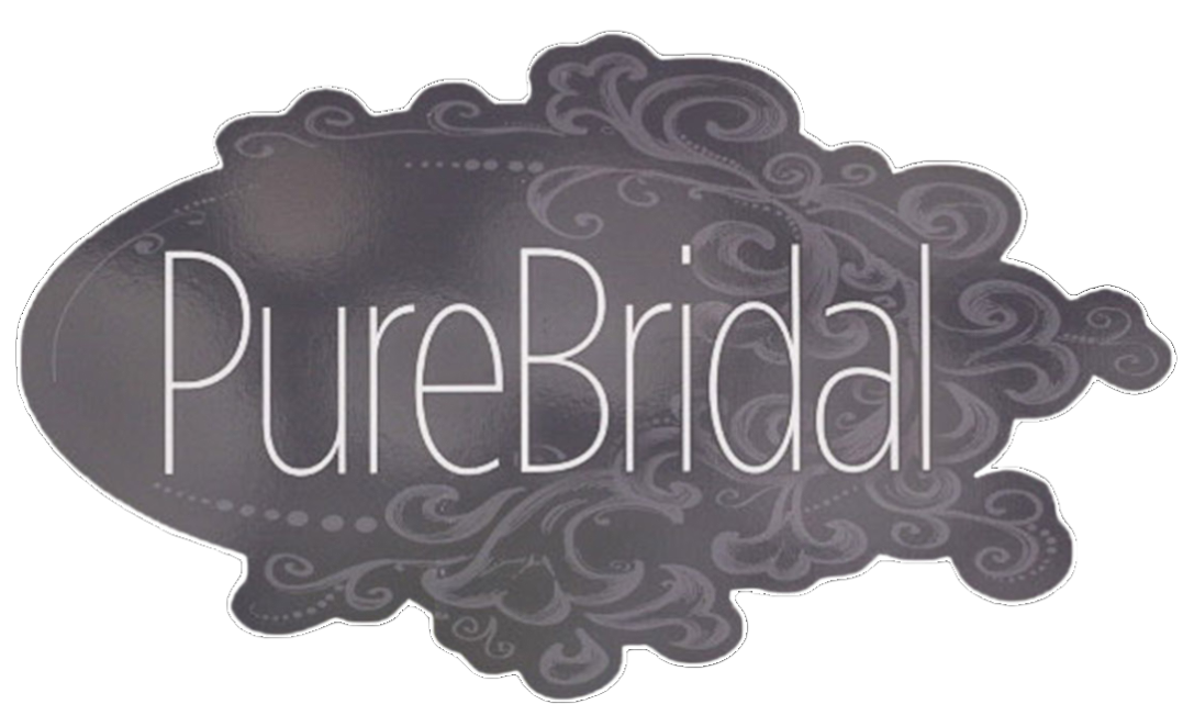 "PureBridal" logo on a black oval with ornate gray swirls and white text.