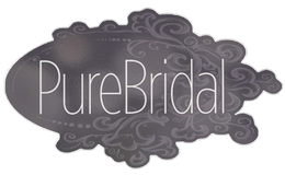 "PureBridal" logo on a black oval with ornate gray swirls and white text.