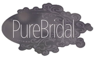"PureBridal" logo on a black oval with ornate gray swirls and white text.