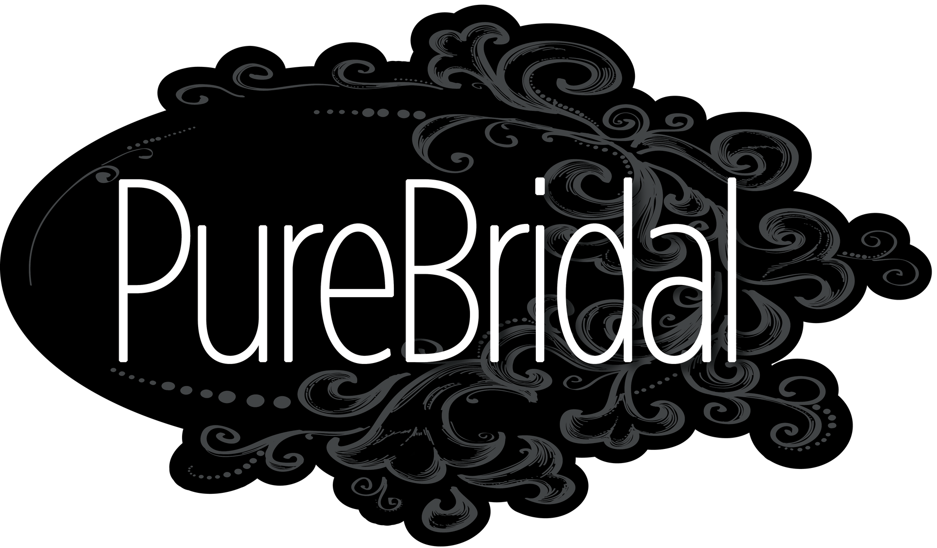 "PureBridal" logo on a black oval with ornate gray swirls and white text.
